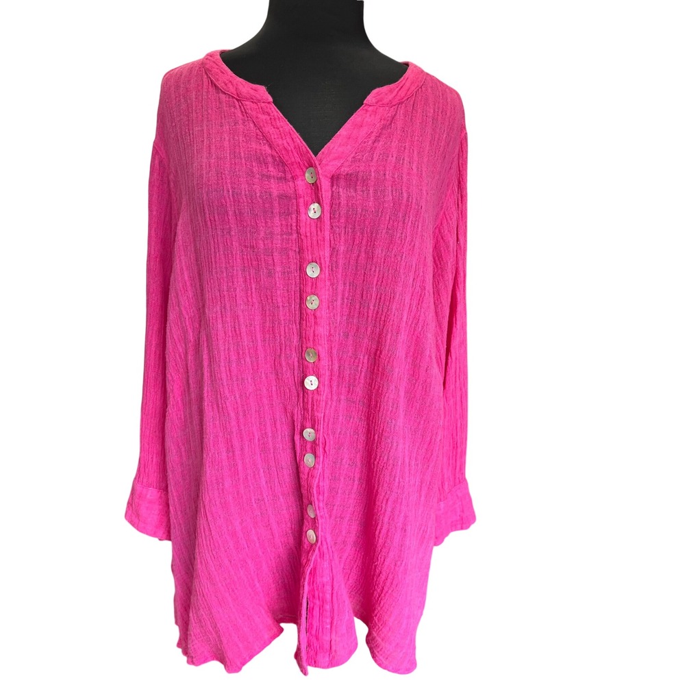 Ali Miles Hot Pink Textured Gauze Button Front Tunic Top Womens 2X V-Neck Blouse